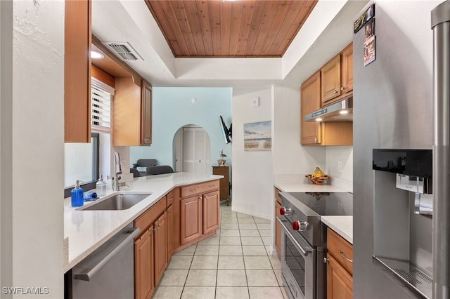 kitchen with sink, stainless steel appliances, a raised ceiling, light tile patterned flooring, and wood ceiling