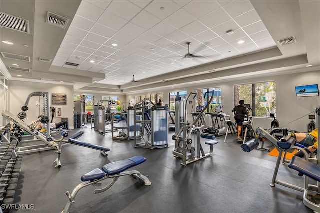 exercise room featuring a tray ceiling, a drop ceiling, and ceiling fan