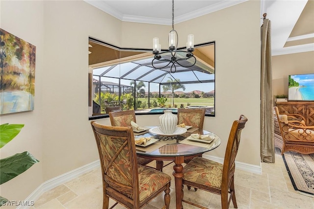 dining area with crown molding and an inviting chandelier