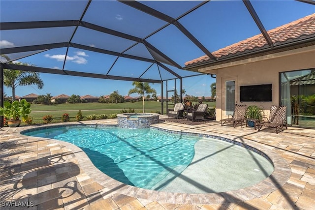 view of pool featuring glass enclosure and a patio