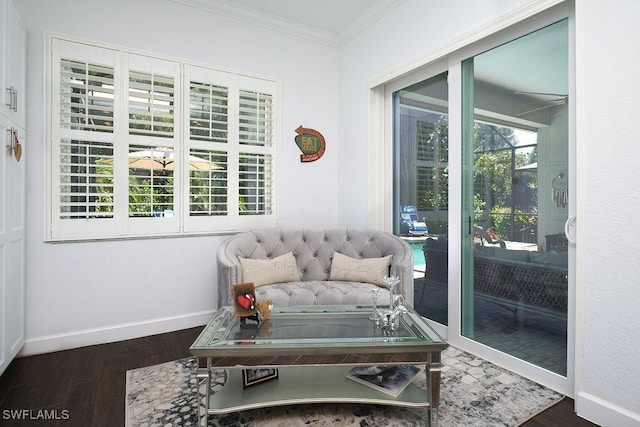 sitting room with dark hardwood / wood-style flooring and ornamental molding