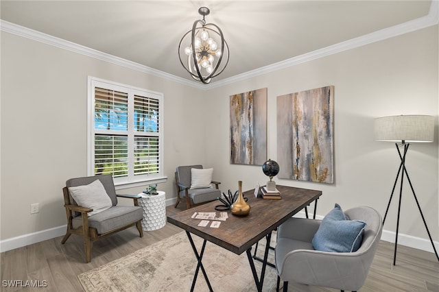 office space with crown molding, light hardwood / wood-style flooring, and an inviting chandelier