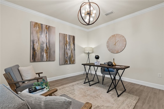 office with ornamental molding, a chandelier, and hardwood / wood-style flooring