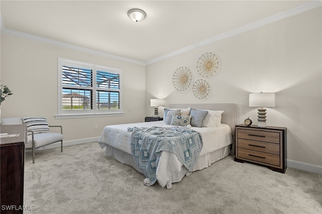 bedroom featuring light carpet and crown molding