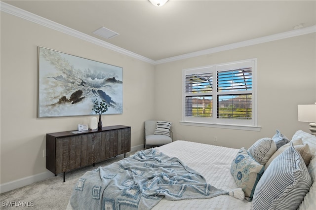 bedroom featuring ornamental molding and light carpet