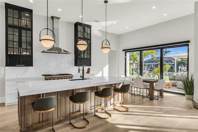 interior space with backsplash, sink, hanging light fixtures, an island with sink, and light hardwood / wood-style floors