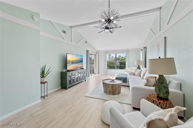 living room featuring lofted ceiling, an inviting chandelier, and light hardwood / wood-style floors