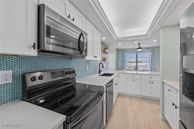 kitchen featuring sink, tasteful backsplash, appliances with stainless steel finishes, a raised ceiling, and white cabinets