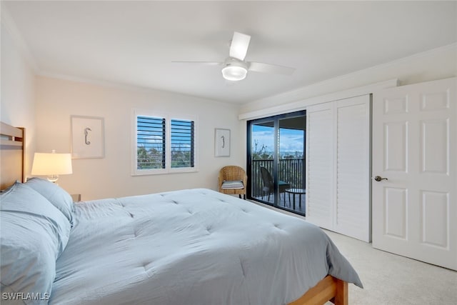 bedroom with access to exterior, carpet flooring, ceiling fan, and ornamental molding