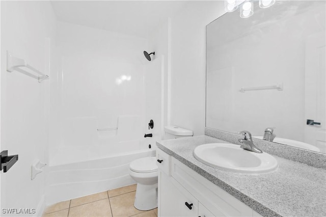 full bathroom with vanity, tub / shower combination, tile patterned floors, and toilet