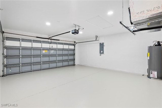 garage featuring a garage door opener, electric panel, and water heater