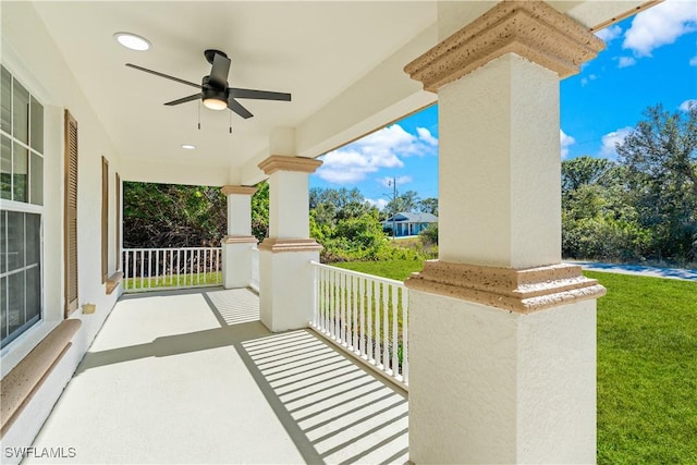 view of patio / terrace with covered porch and ceiling fan