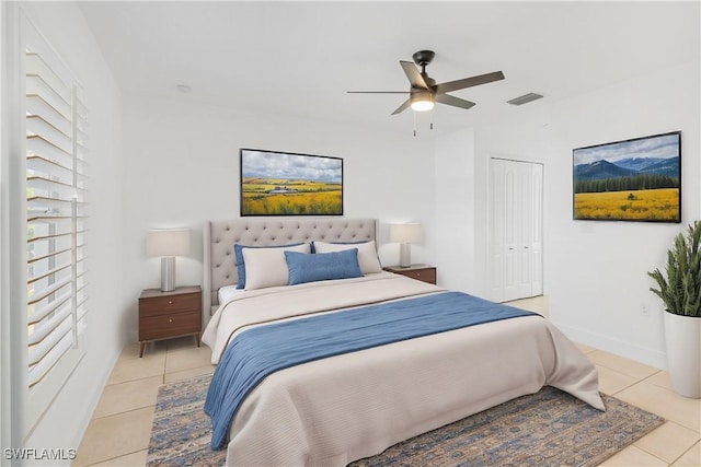 bedroom featuring light tile patterned floors, a closet, and ceiling fan