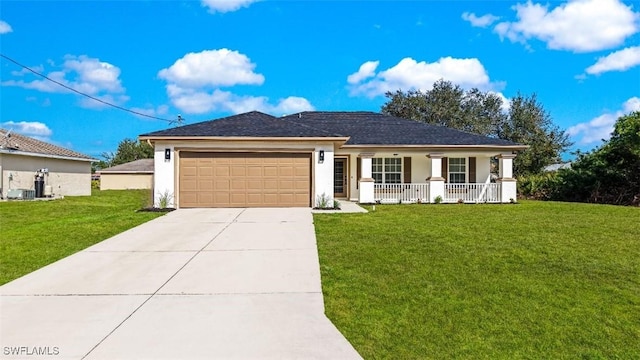 single story home featuring a garage, a porch, and a front yard