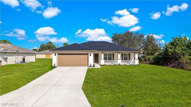 ranch-style home with a garage, covered porch, and a front lawn