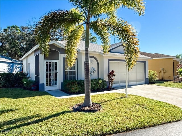 ranch-style home with a front yard and a garage