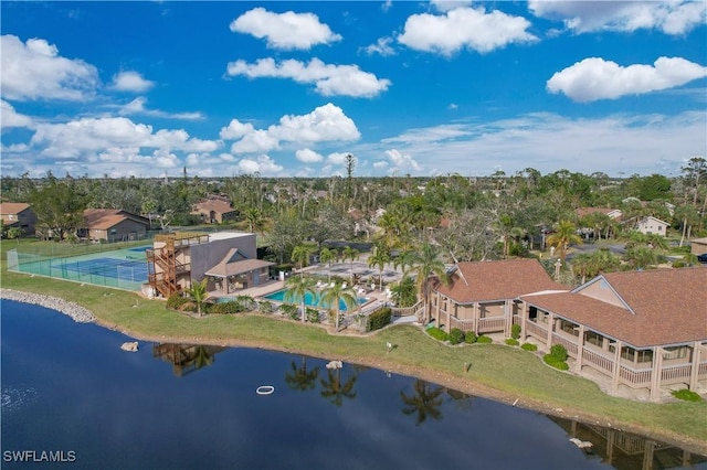 drone / aerial view featuring a water view