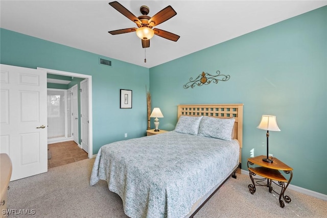 bedroom with light carpet and ceiling fan