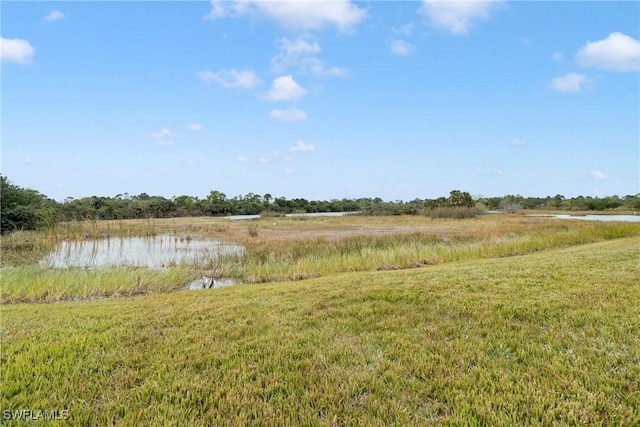 view of yard with a rural view and a water view