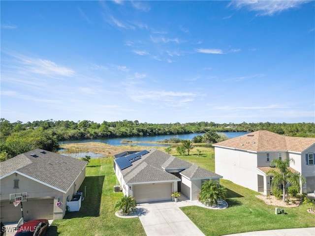 aerial view featuring a water view