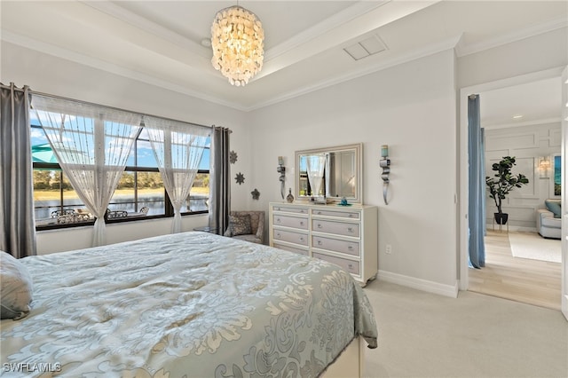 bedroom with light colored carpet, crown molding, and a chandelier