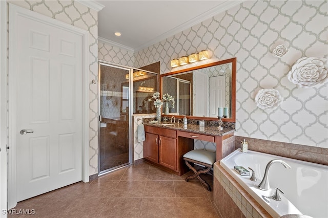 bathroom featuring vanity, crown molding, and separate shower and tub