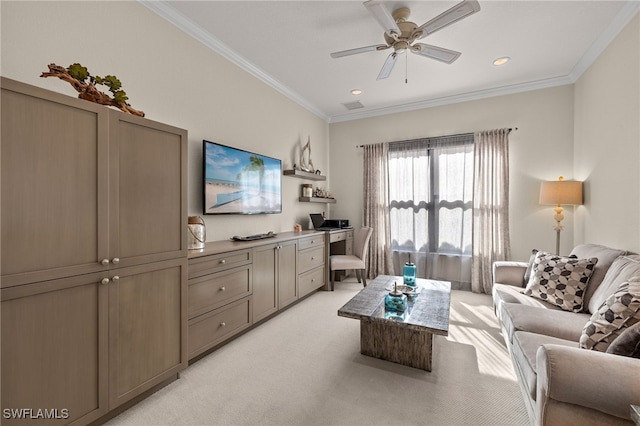 living room with light carpet, ceiling fan, and ornamental molding