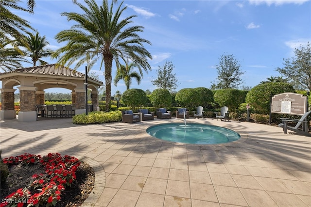 view of pool featuring an in ground hot tub, an outdoor bar, and a patio