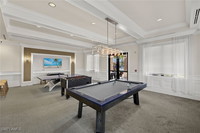 game room featuring pool table, carpet, crown molding, and beam ceiling