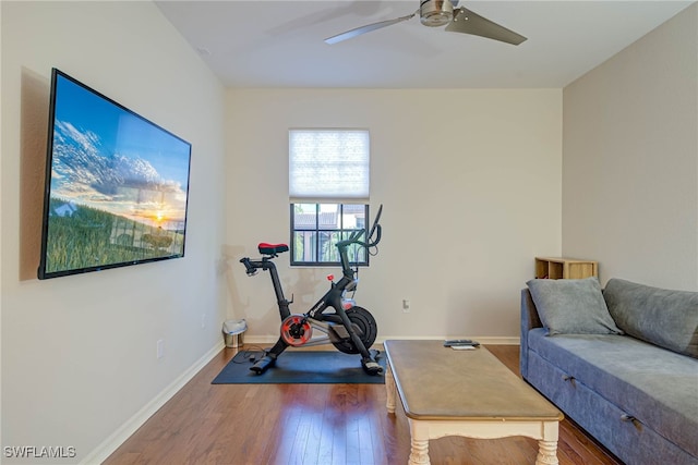 workout area with ceiling fan and dark wood-type flooring