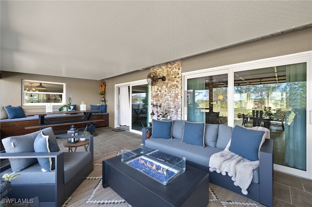 living room featuring tile patterned flooring