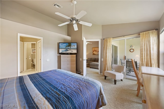 bedroom featuring ceiling fan, light colored carpet, and vaulted ceiling