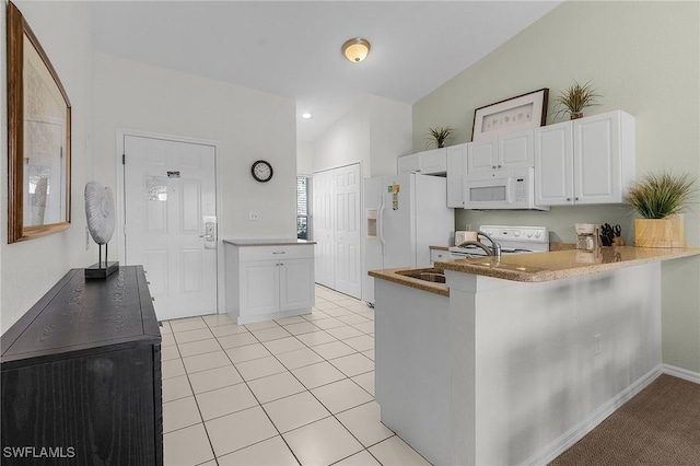 kitchen featuring lofted ceiling, white appliances, white cabinets, sink, and kitchen peninsula