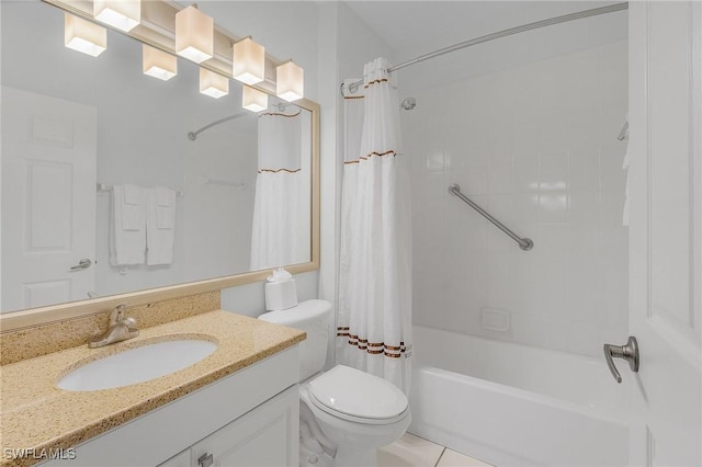 full bathroom featuring toilet, vanity, shower / tub combo with curtain, and tile patterned flooring