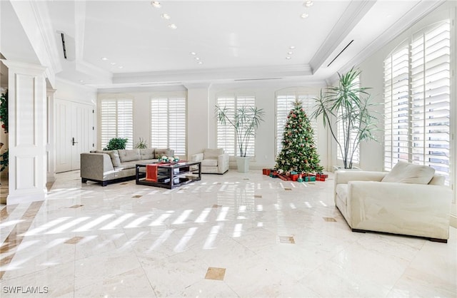 living room featuring a raised ceiling and a wealth of natural light