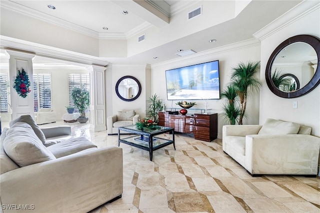 living room with beamed ceiling and ornamental molding