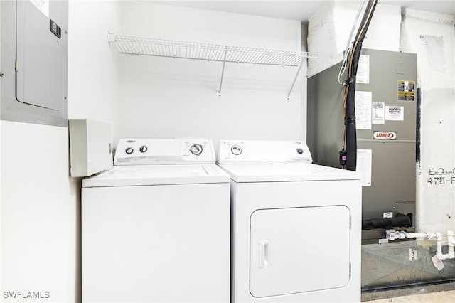 clothes washing area featuring electric panel and washer and clothes dryer