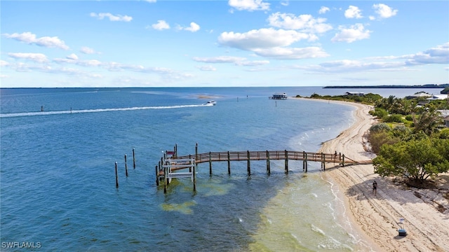 water view featuring a view of the beach and a dock