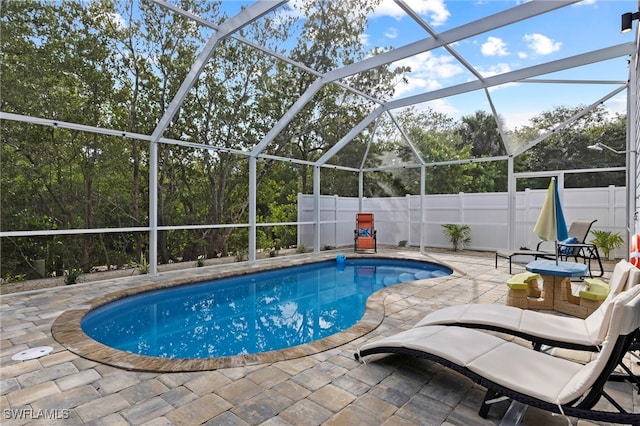 view of swimming pool with a lanai and a patio area