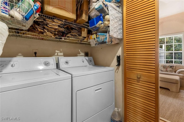 laundry room with washing machine and clothes dryer and carpet