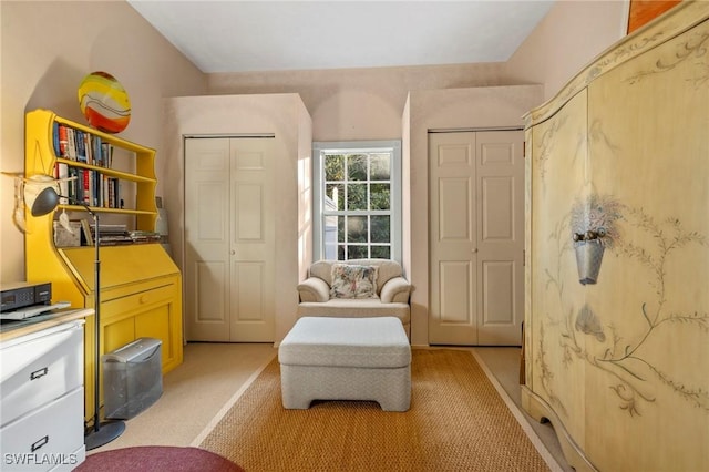 sitting room with light colored carpet