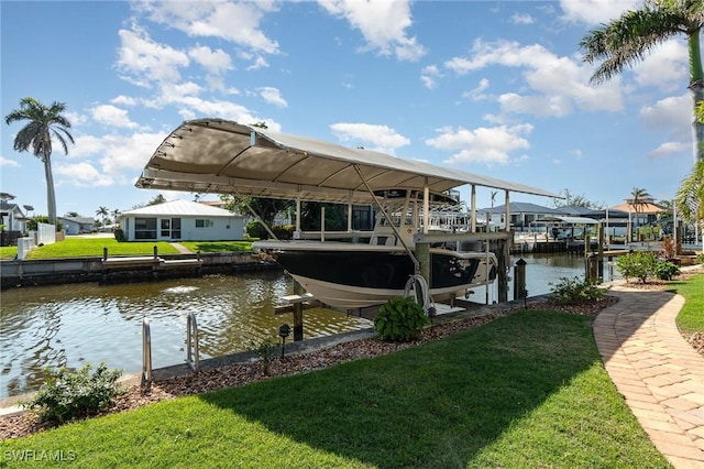 dock area with a yard and a water view