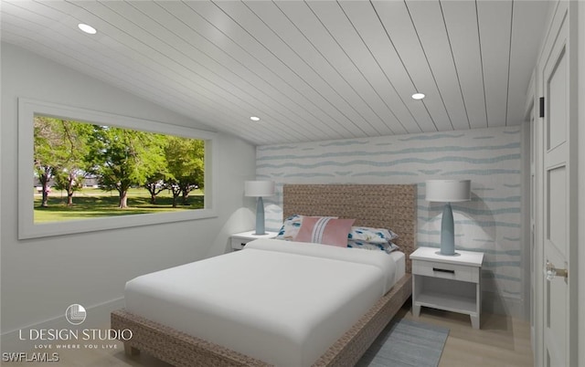 bedroom featuring wooden ceiling, vaulted ceiling, and hardwood / wood-style flooring