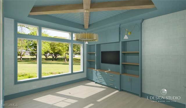 unfurnished sunroom featuring beamed ceiling