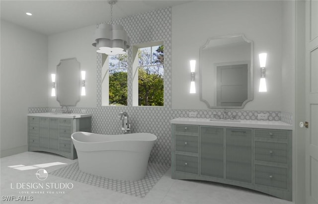 bathroom featuring tile patterned flooring, vanity, a tub to relax in, and tile walls