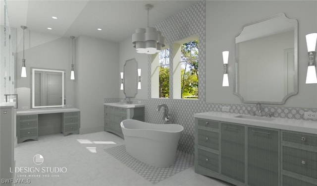 bathroom with vanity, tile patterned floors, tile walls, and a tub