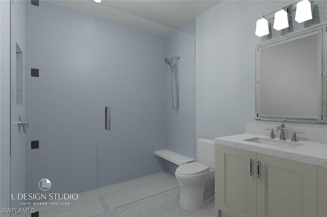 bathroom featuring tile patterned floors, vanity, an enclosed shower, and toilet