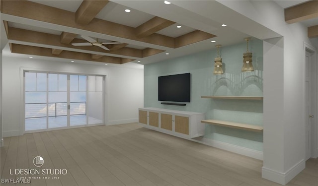 unfurnished living room featuring ceiling fan, beamed ceiling, and hardwood / wood-style flooring