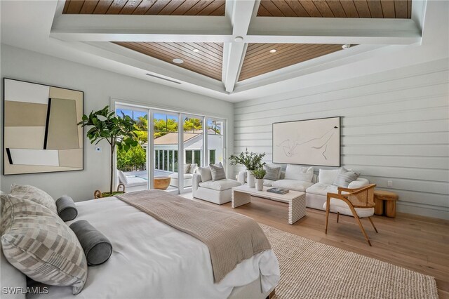 187 10th Ave S, Naples, FL 34102 - bedroom featuring access to outside, wood finished floors, wood ceiling with exposed beams, recessed lighting, and wood walls