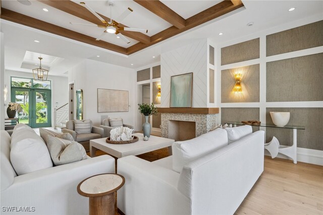 187 10th Ave S, Naples, FL 34102 - living area with light wood finished floors, a ceiling fan, recessed lighting, and beamed ceiling